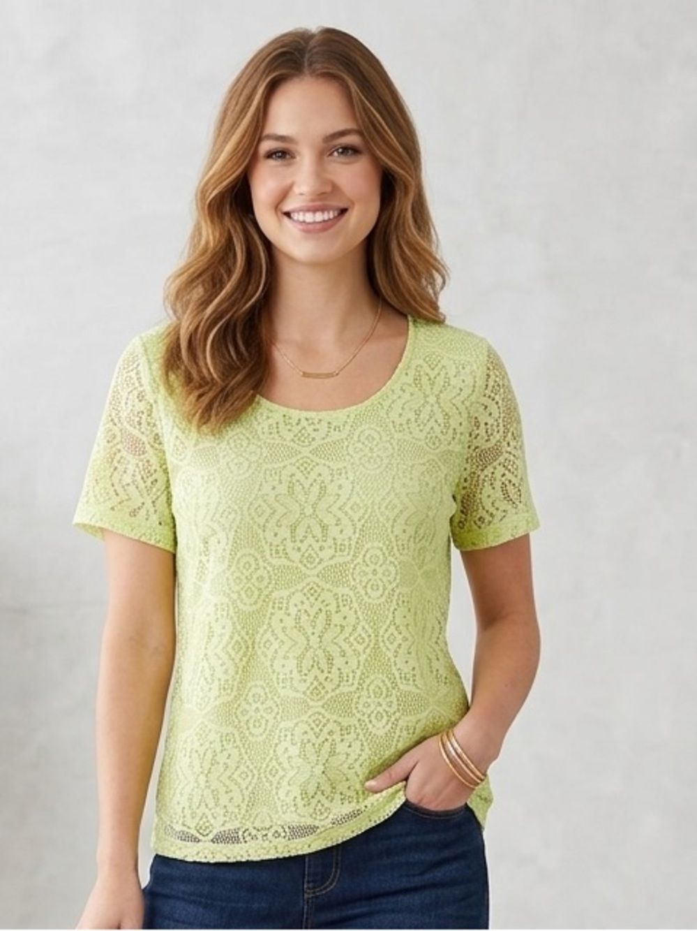 Vintage Sag Harbor Women's Pale Green Lace Overlay Scoop Neck Top